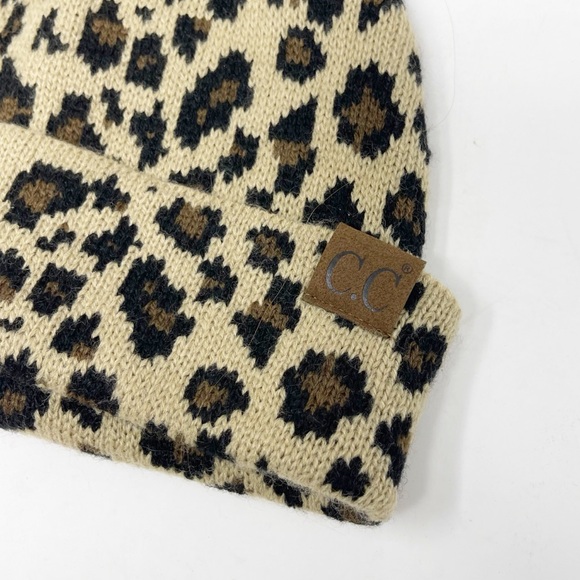 Girlie Girl CC Leopard Animal Print Beanie with Faux Fur Pom - Picture 3 of 5